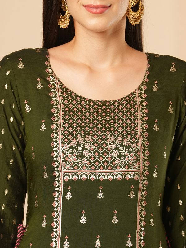 Globus Women Green Gold Foil Ethnic & Floral Print Layered A-Line Festive Kurta