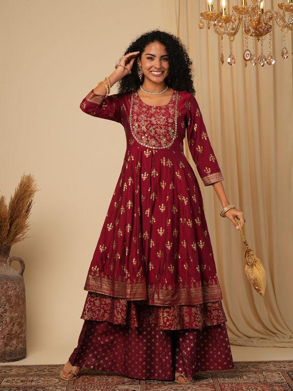 Globus Women Maroon Embroidered Yoke Gold Foil Jaal Print Front Slit Layered Border Detailing Festive Anarkali Kurta