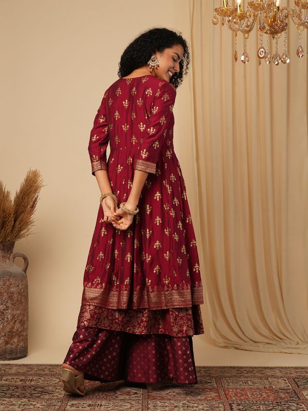 Globus Women Maroon Embroidered Yoke Gold Foil Jaal Print Front Slit Layered Border Detailing Festive Anarkali Kurta