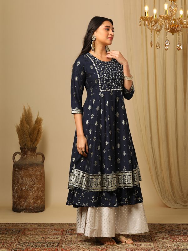 Globus Women Blue Ethnic Motif Embroidered Sequinned Yoke Foil Jaal Print Layered Anarakali Kurta