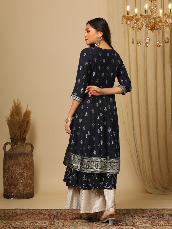 Globus Women Blue Ethnic Motif Embroidered Sequinned Yoke Foil Jaal Print Layered Anarakali Kurta