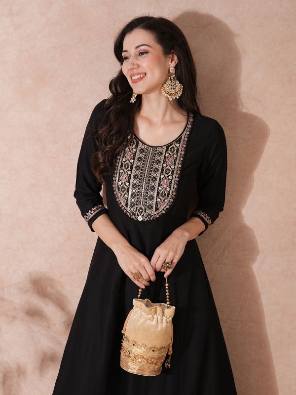 Globus Women Black Zari Embroidered & Gold Sequinned Yoke Panelled Festive Anarkali Kurta