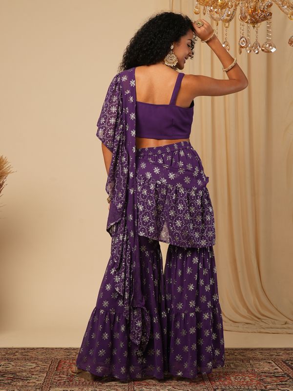 Globus Women Purple Solid Blouse With Silver Foil Ethnic Motifs Print Sharara Ready To Wear Fusion Saree