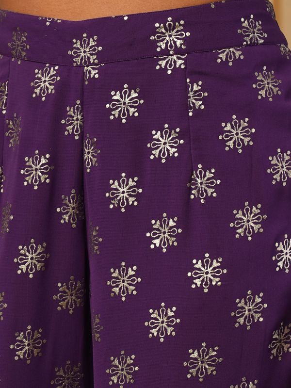 Globus Women Purple Solid Blouse With Silver Foil Ethnic Motifs Print Sharara Ready To Wear Fusion Saree