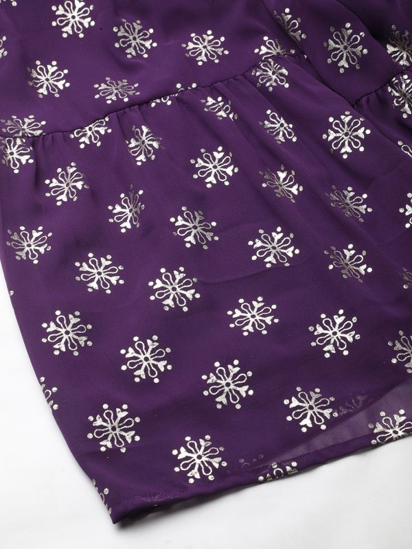 Globus Women Purple Solid Blouse With Silver Foil Ethnic Motifs Print Sharara Ready To Wear Fusion Saree