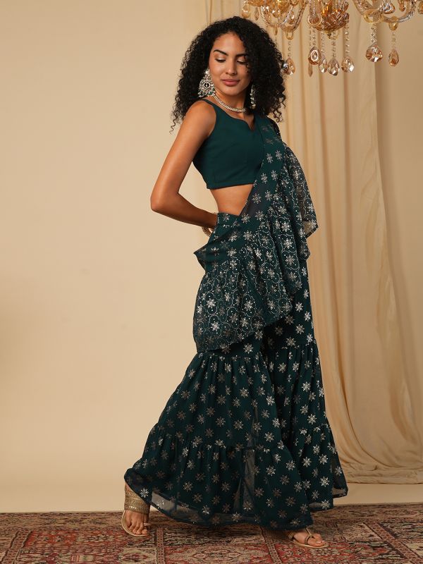 Globus Women Teal Solid Blouse With Silver Foil Ethnic Motifs Print Sharara Ready To Wear Fusion Saree