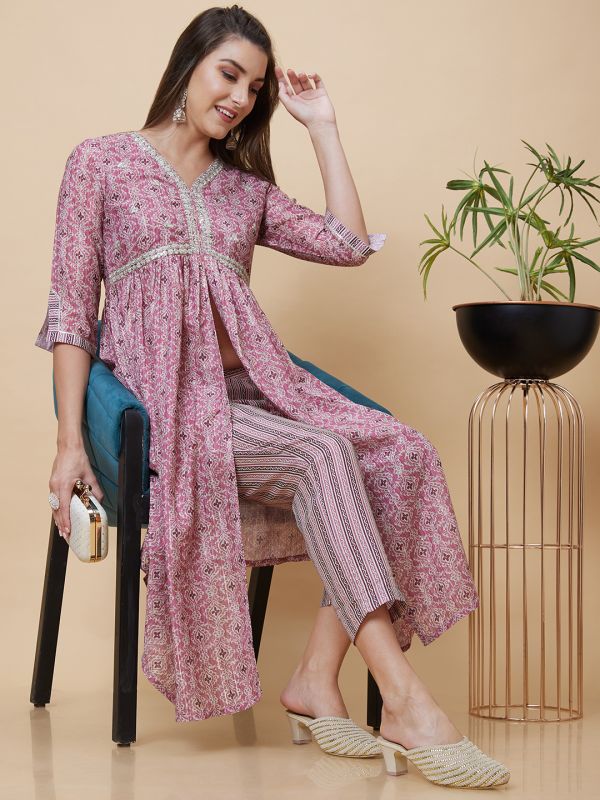 Globus Women Pink Ethnic Motifs Print A-Line Fusion Kurta Set With Trouser