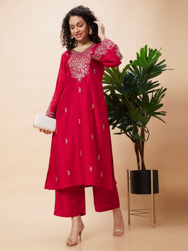 Globus Women Red Embroidered Bell Sleeve Straight Kurta & Wide Leg Trouser Set