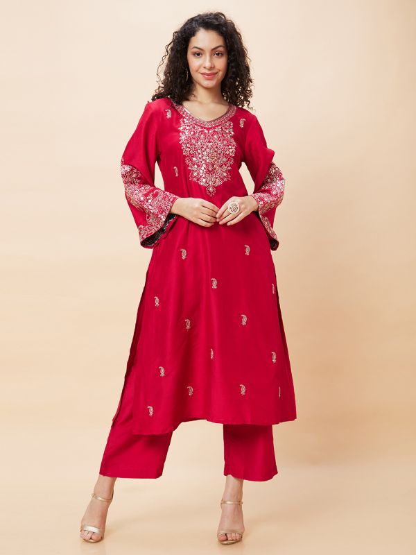 Globus Women Red Embroidered Bell Sleeve Straight Kurta & Wide Leg Trouser Set