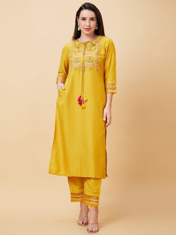 Globus Women Yellow Floral Yoke Embroidered Tie-Up Neck Festive Straight Kurta Set with Trouser