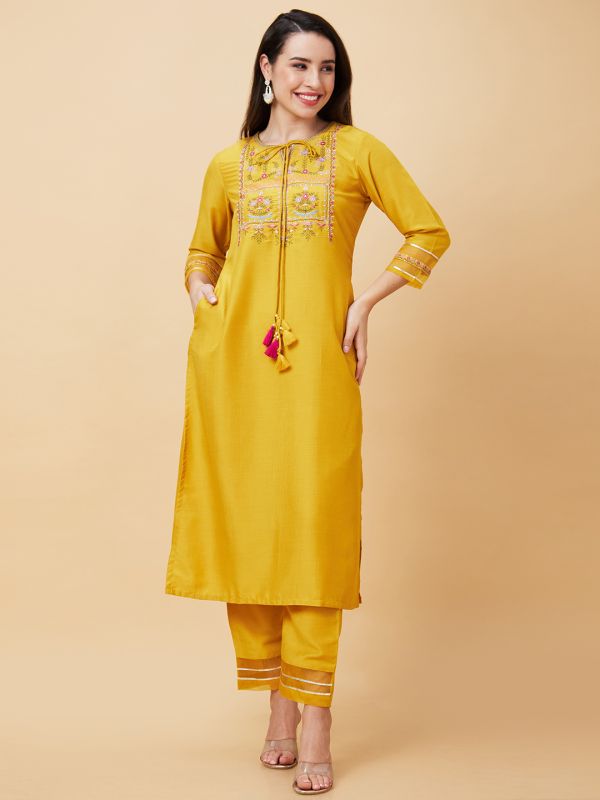 Globus Women Yellow Floral Yoke Embroidered Tie-Up Neck Festive Straight Kurta Set with Trouser