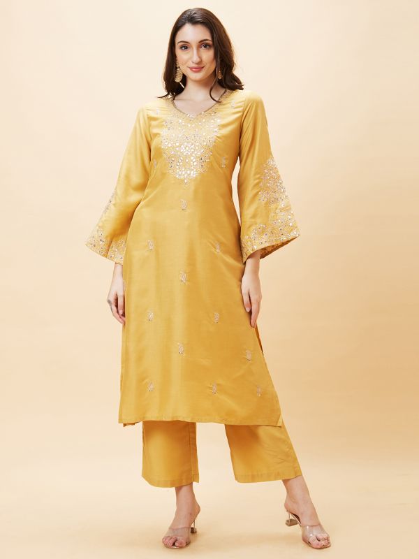 Globus Women Yellow Embroidered Bell Sleeve Straight Kurta & Wide Leg Trouser Set