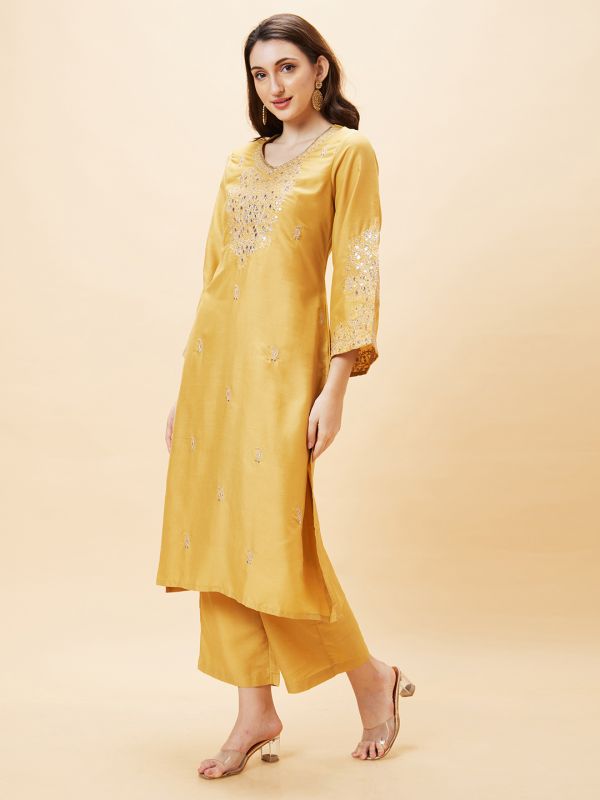 Globus Women Yellow Embroidered Bell Sleeve Straight Kurta & Wide Leg Trouser Set