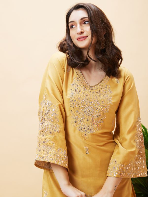 Globus Women Yellow Embroidered Bell Sleeve Straight Kurta & Wide Leg Trouser Set