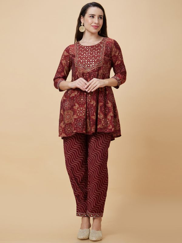 Globus Women Maroon Ethnic Motifs Print Yoke Embroidered Round Neck Festive A-Line Peplum Kurta Set with Trouser