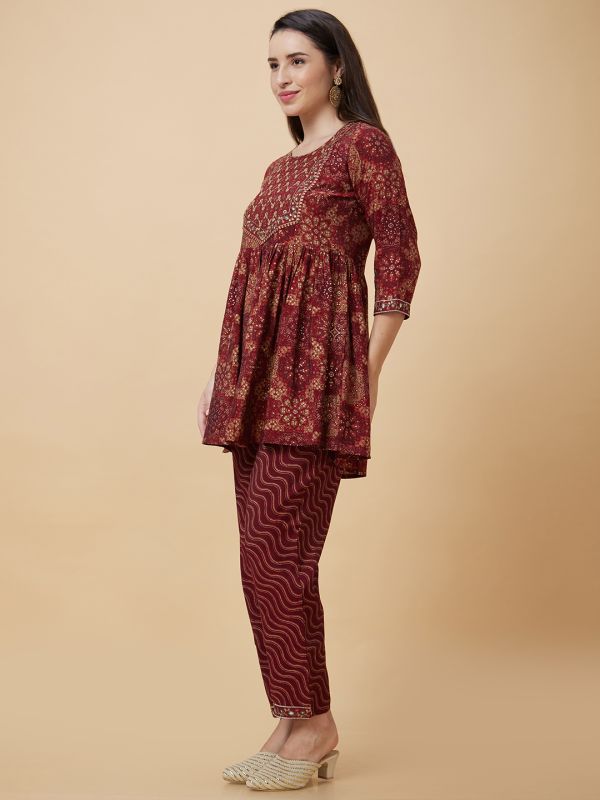 Globus Women Maroon Ethnic Motifs Print Yoke Embroidered Round Neck Festive A-Line Peplum Kurta Set with Trouser