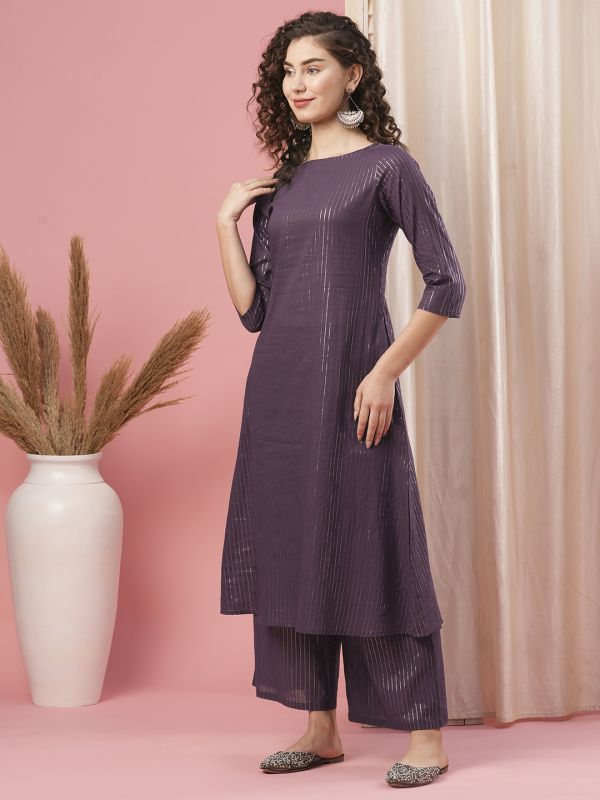 Globus Women Purple Boat Neck Cotton Lurex Straight A-Line Kurta With Palazzo