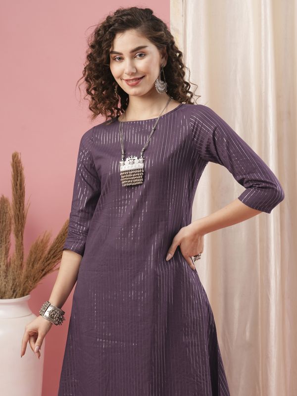 Globus Women Purple Boat Neck Cotton Lurex Straight A-Line Kurta With Palazzo