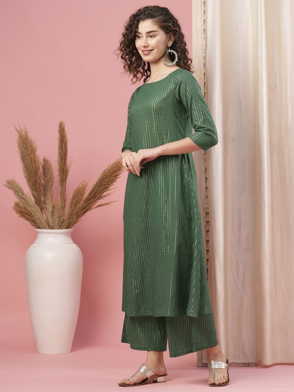 Globus Women Teal Boat Neck Striped Flared Hem Festive A-Line Kurta & Palazzos Set