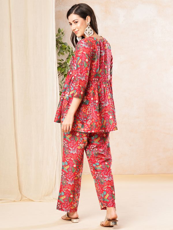 Globus Women Red Printed Alia-Cut A-Line Peplum Tunic & Straight Pant Co-Ord Set