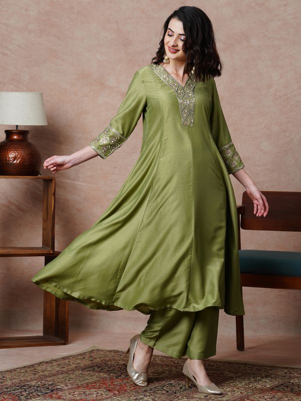 Globus Women Olive Floral Embroidered & Sequinned Yoke Panelled A-Line Anarkali Kurta