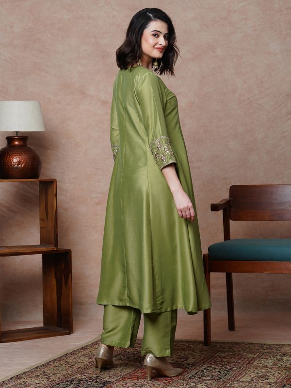 Globus Women Olive Floral Embroidered & Sequinned Yoke Panelled A-Line Anarkali Kurta