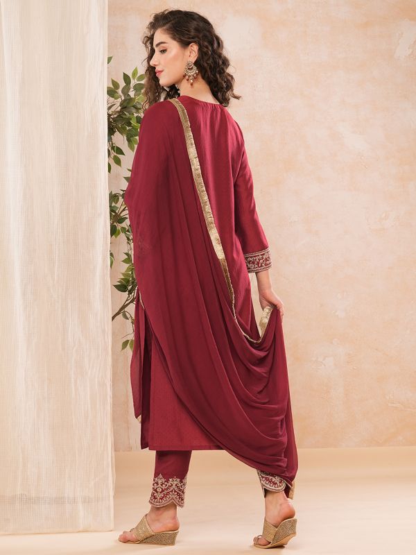 Globus Women Maroon Embroidered V-Neck Bell Sleeve Kurta Set With Fringed Chiffon Dupatta