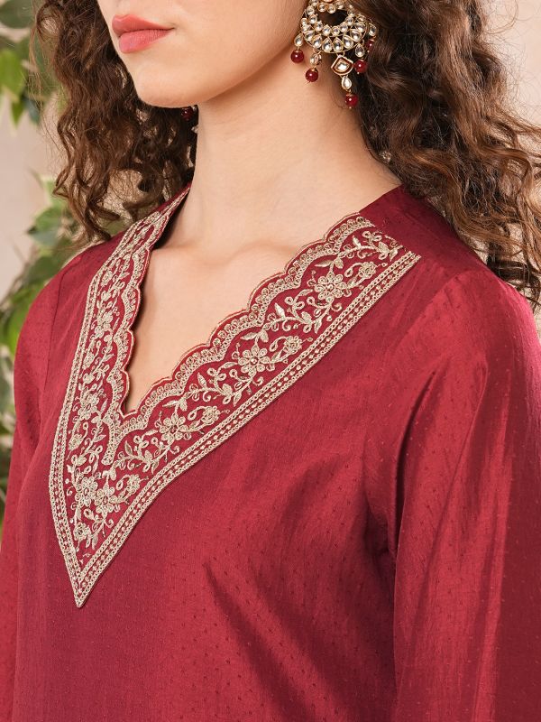 Globus Women Maroon Embroidered V-Neck Bell Sleeve Kurta Set With Fringed Chiffon Dupatta