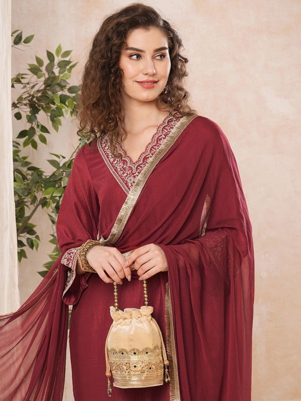 Globus Women Maroon Embroidered V-Neck Bell Sleeve Kurta Set With Fringed Chiffon Dupatta