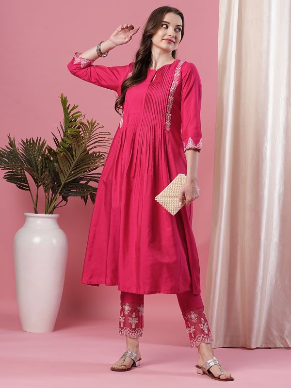 Globus Women Pink Embroidered Yoke Keyhole Neck Calf Length Pleated A-Line Kurta With Narrow Pant