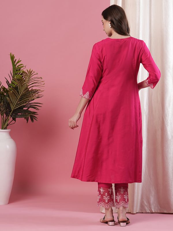 Globus Women Pink Embroidered Yoke Keyhole Neck Calf Length Pleated A-Line Kurta With Narrow Pant