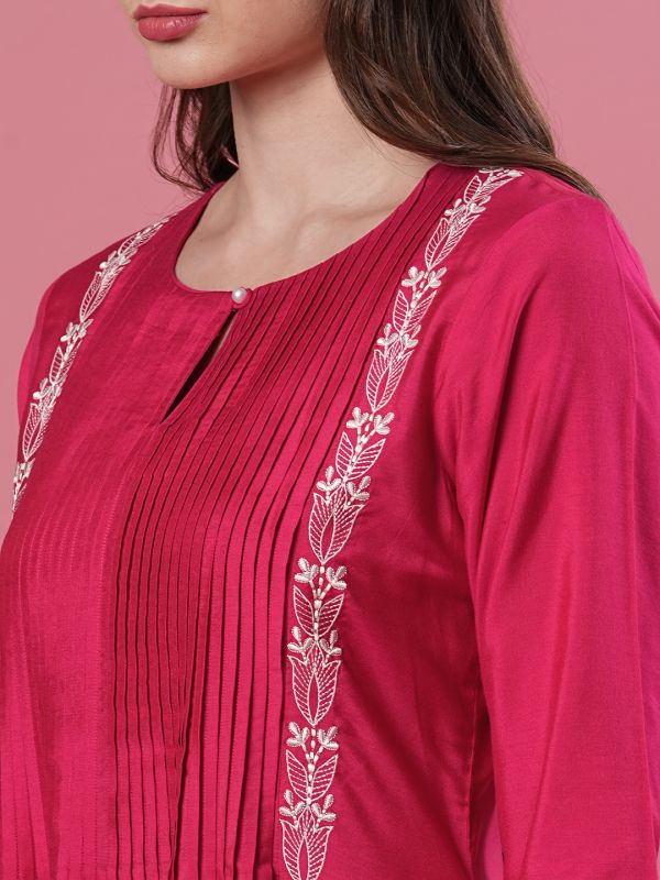 Globus Women Pink Embroidered Yoke Keyhole Neck Calf Length Pleated A-Line Kurta With Narrow Pant