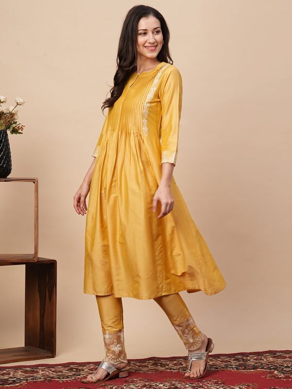 Globus Women Yellow Embroidered A-Line Kurta With Pants