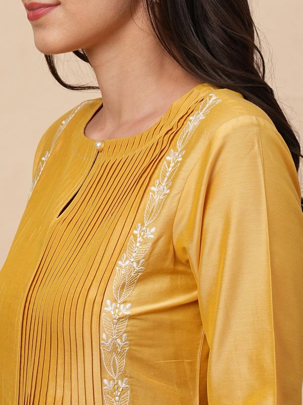 Globus Women Yellow Embroidered A-Line Kurta With Pants