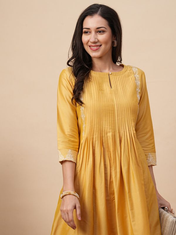 Globus Women Yellow Embroidered A-Line Kurta With Pants