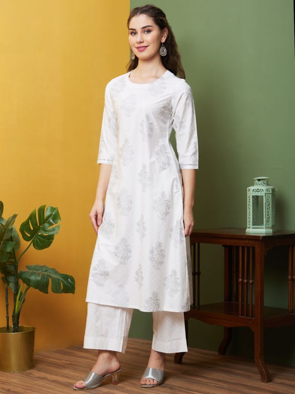 Globus Women White Round Neck Floral Print Straight Kurta Set with Trousers