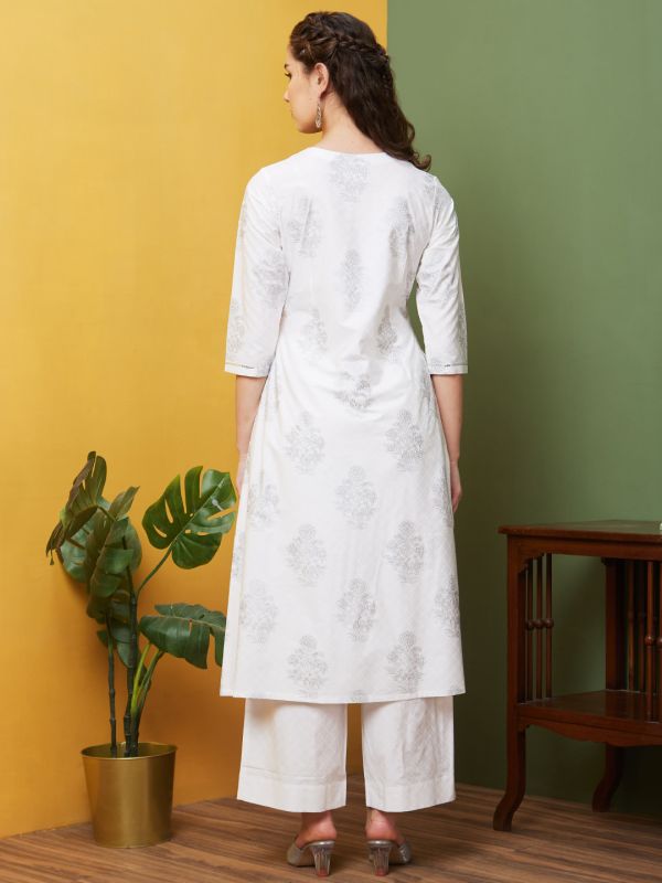 Globus Women White Round Neck Floral Print Straight Kurta Set with Trousers