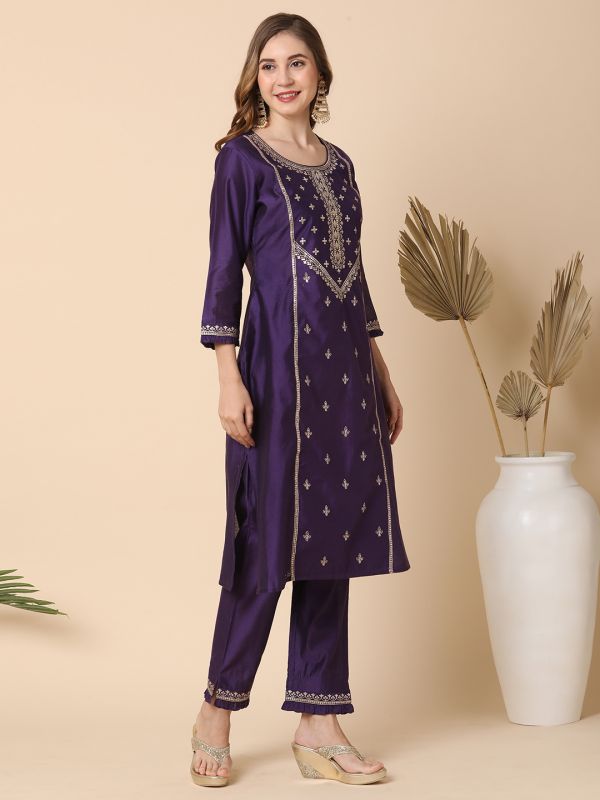 Globus Women Purple Allover Embroidered Panelled A-Line Kurta With Narrow Pants