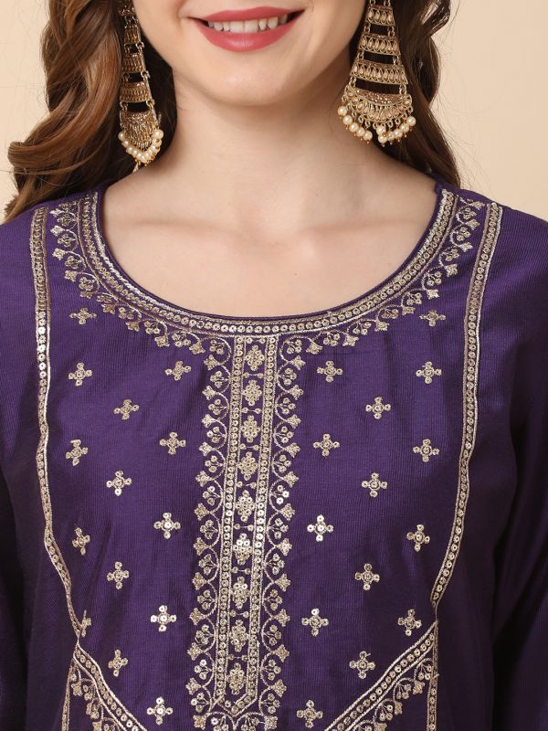 Globus Women Purple Allover Embroidered Panelled A-Line Kurta With Narrow Pants