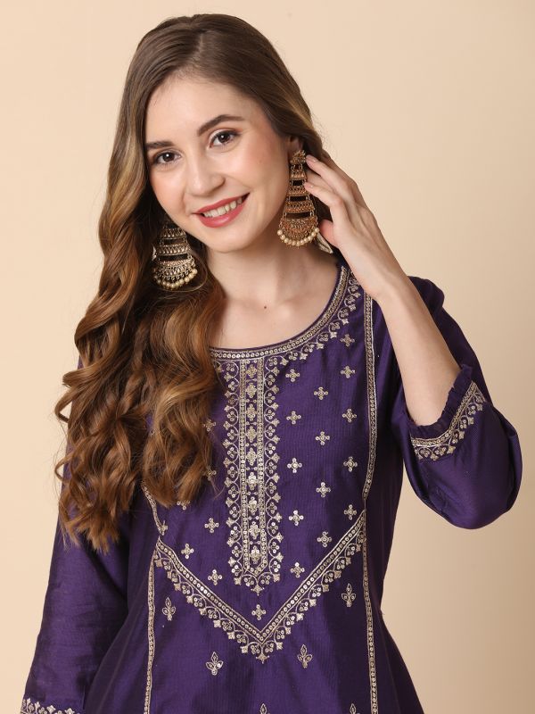 Globus Women Purple Allover Embroidered Panelled A-Line Kurta With Narrow Pants