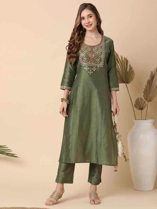 Globus Women Olive Embroidered Yoke Panelled Kurta With Narrow Pants