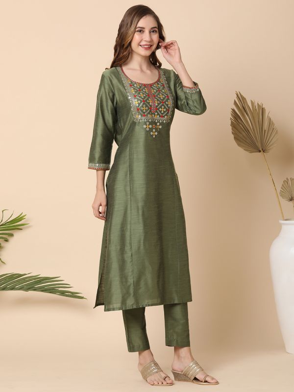 Globus Women Olive Embroidered Yoke Panelled Kurta With Narrow Pants