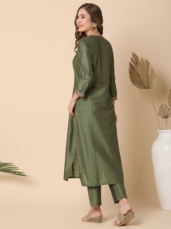 Globus Women Olive Embroidered Yoke Panelled Kurta With Narrow Pants