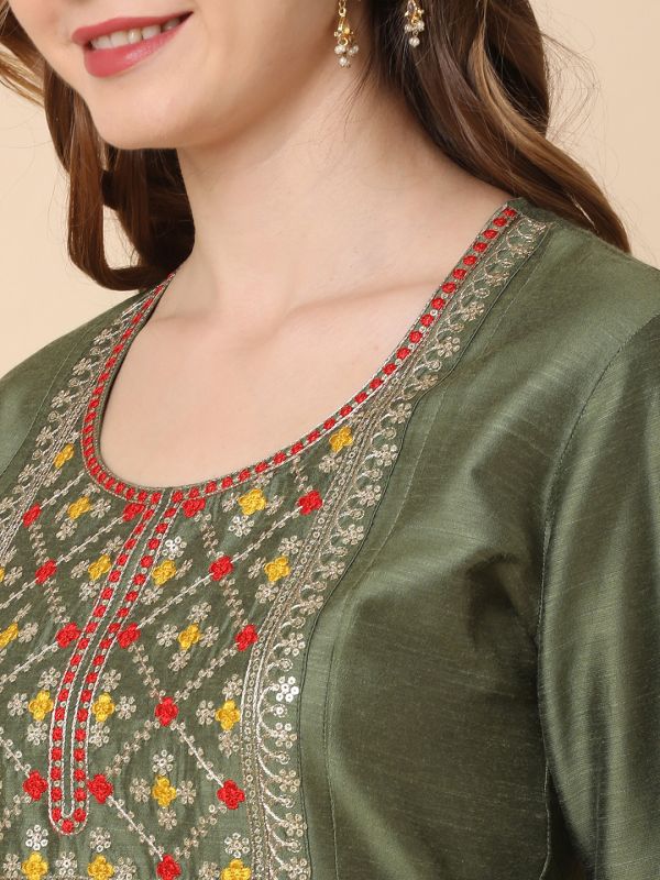 Globus Women Olive Embroidered Yoke Panelled Kurta With Narrow Pants