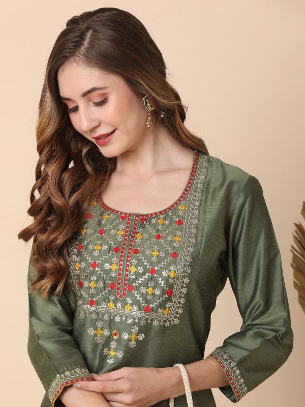 Globus Women Olive Embroidered Yoke Panelled Kurta With Narrow Pants