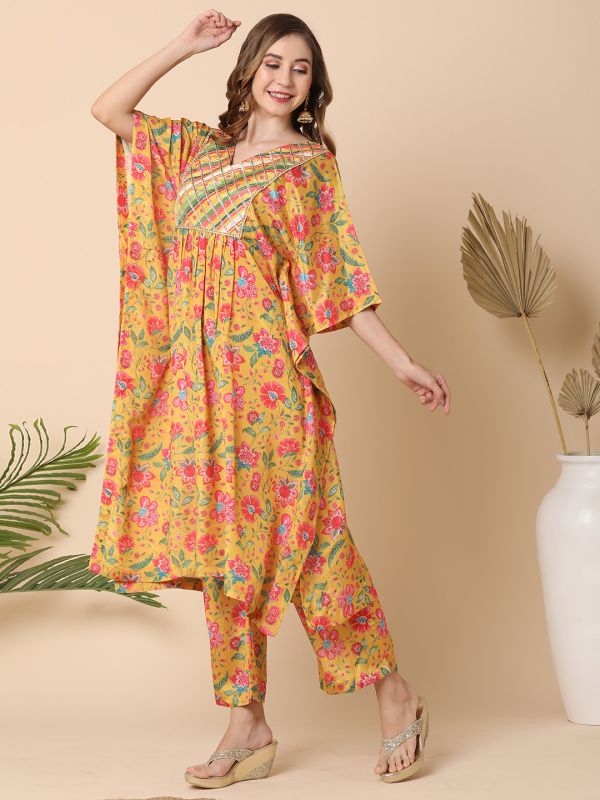 Globus Women Mustard Lace Highlighted Yoke & Allover Printed Kaftan Kurta With Straight Pants