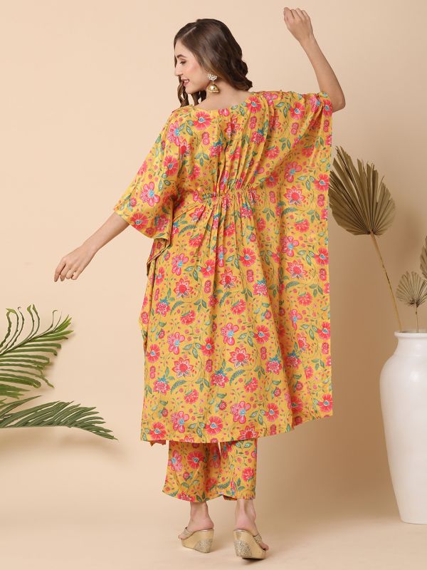 Globus Women Mustard Lace Highlighted Yoke & Allover Printed Kaftan Kurta With Straight Pants