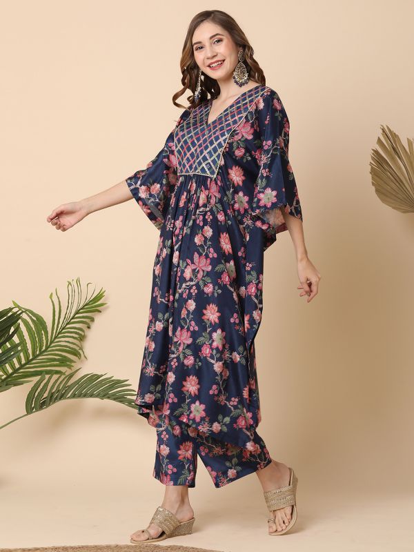 Globus Women Blue Lace Highlighted Yoke & Allover Printed Kaftan Kurta With Straight Pants