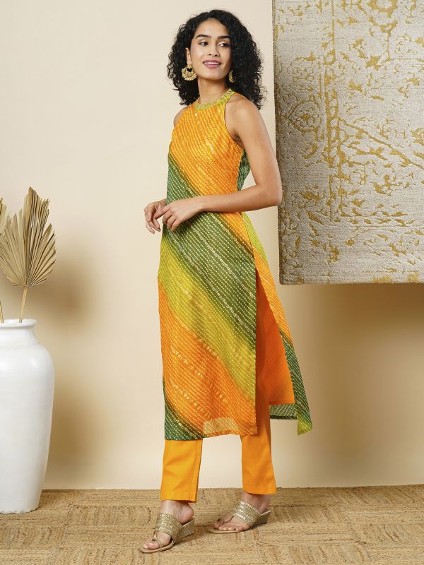 Globus Women Mustard Embroidered Halter Neck Bandhani Printed A-Line Kurta & Elasticated Pants Set