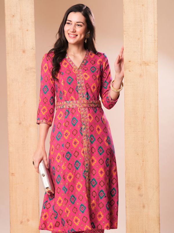 Globus Women Pink Embroidered Placket Allover Printed A-Line Kurta With Pants & Belt